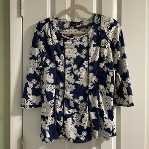 Blue and White Floral Blouse, Size Petite Large